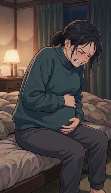 ベッドの端でお腹を抱えてうずくまる