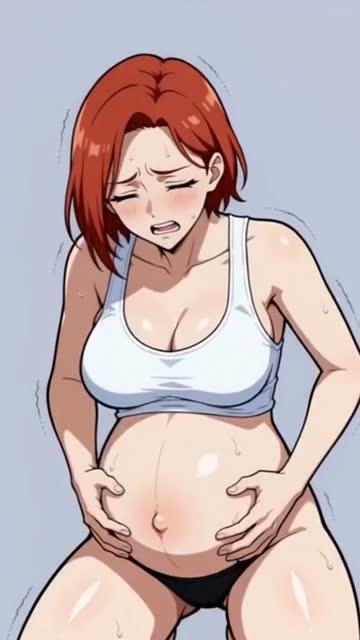 眉根を寄せていきむアニメ絵の若妻。